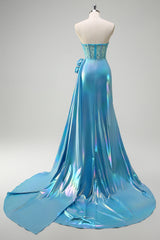 Metallic White Beaded Mermaid Corset Prom Dress with Strapless Cape