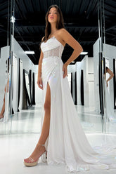 Metallic White Beaded Mermaid Corset Prom Dress with Strapless Cape