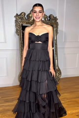 Long Black Sweetheart Chiffon Prom Dress with A-Line Tiered Skirt and Slit
