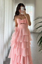 Long A Line Tiered Prom Dress in Blush Chiffon with Slit and Strapless Design