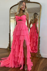 Sweetheart Coral Chiffon Long A-Line Prom Dress Featuring Ruffles and a Slit