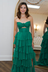 Long A Line Strapless Chiffon Prom Dress in Green with Tiered Design and Slit