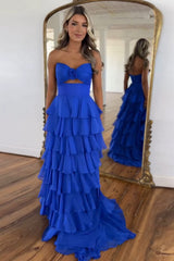 Sweetheart Royal Blue Chiffon Long Prom Dress with Slit in A-Line Tiered Design
