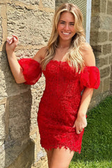 Red Corset Detachable Sleeves Lace Tight Short Homecoming Dress/Mini Dress