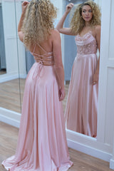Satin A-Line Long Corset Prom Dress in Pink with Spaghetti Straps and Appliques