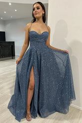 Grey Blue Sparkling Long A-Line Corset Prom Dress with Spaghetti Straps and Slit