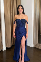 Long Navy Satin Mermaid Corset Prom Dress with Sequins Off the Shoulder
