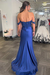 Long Navy Satin Mermaid Corset Prom Dress with Sequins Off the Shoulder