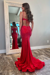 Long Mermaid Prom Dress with Sparkly Red Spaghetti Straps and Beaded Cut-outs