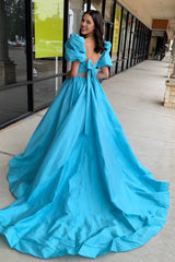Long A-Line Corset Prom Dress in Blue Satin with Square Neck and Puff Sleeves Featuring a Slit