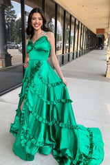 Long A-Line Prom Dress in Green Satin with Spaghetti Straps Open Back and Ruffles