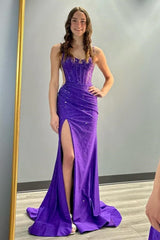 Long Beaded Mermaid Prom Dress with Purple Spaghetti Straps and Slit