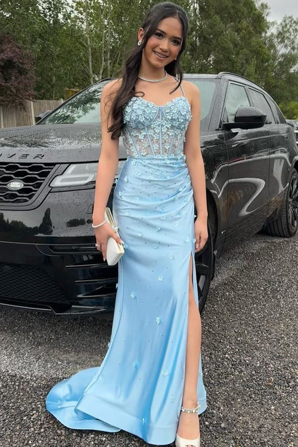 Satin Mermaid Prom Dress in Light Blue with Spaghetti Straps and Appliques