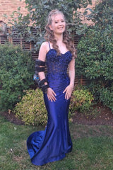 Satin Mermaid Prom Dress in Light Blue with Spaghetti Straps and Appliques