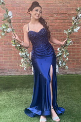 Satin Mermaid Prom Dress in Light Blue with Spaghetti Straps and Appliques