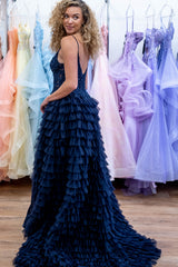 Long Corset Prom Dress in Navy with Spaghetti Straps Tulle A-Line Tiered Design and Appliques