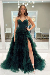 Long A-Line Corset Prom Dress in Dark Green with Spaghetti Straps Tulle Tiers and Slit
