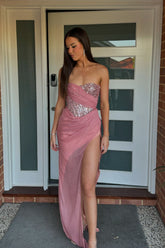Long Strapless Prom Dress with Sparkly Blush Sequins and Mermaid Slit
