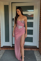 Long Strapless Prom Dress with Sparkly Blush Sequins and Mermaid Slit