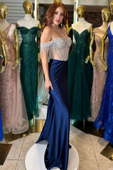 Navy Sparkle Mermaid Corset Prom Dress with Beading Off-Shoulder Satin Gown