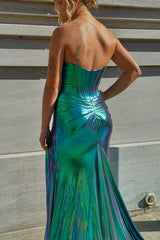 Metallic Mermaid Long Corset Prom Dress in Dark Green with Sweetheart Neckline and Slit
