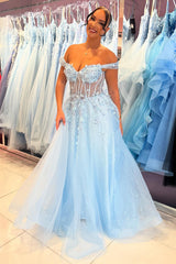 Long Sky Blue A-Line Corset Prom Dress with Appliques in Off-the-Shoulder Tulle