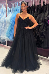 Long A-Line Corset Prom Dress in Black Tulle with Spaghetti Straps and Appliques