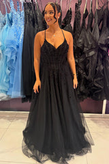 Long A-Line Corset Prom Dress in Black Tulle with Spaghetti Straps and Appliques