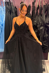 Long A-Line Corset Prom Dress in Black Tulle with Spaghetti Straps and Appliques