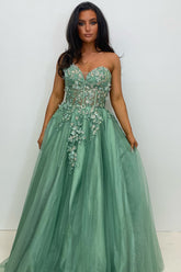 Long Corset Prom Dress in Sage Green with Sweetheart Neckline Tulle Tiered A-Line and Appliques