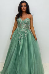 Long Corset Prom Dress in Sage Green with Sweetheart Neckline Tulle Tiered A-Line and Appliques
