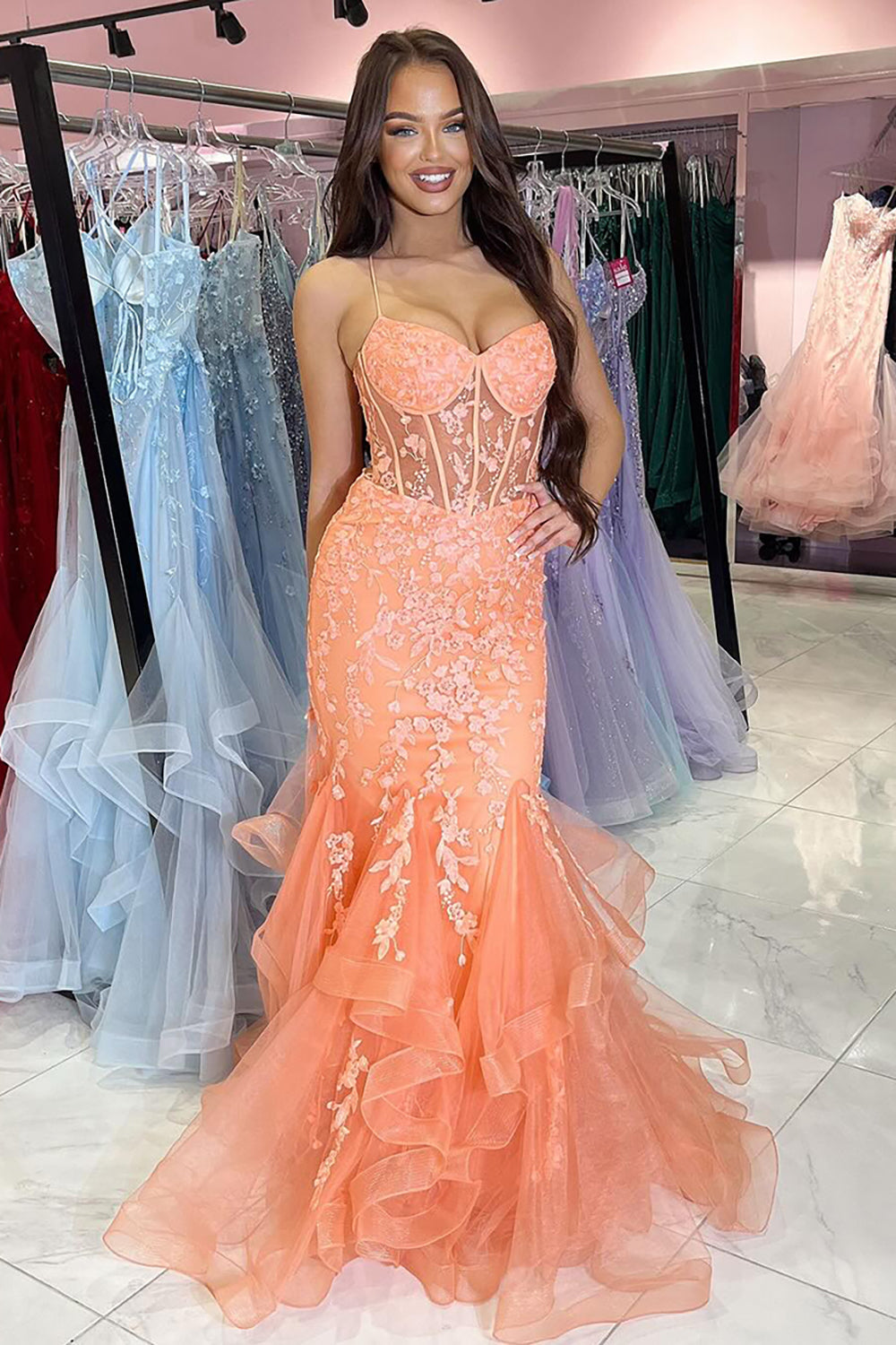 Long Corset Prom Dress with Orange Spaghetti Straps and Tulle Tiered Mermaid Design Featuring Appliques