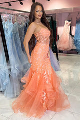 Long Corset Prom Dress with Orange Spaghetti Straps and Tulle Tiered Mermaid Design Featuring Appliques