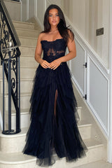 Long Corset Prom Dress in Blush with Strapless A-Line Tulle Tiered Design and Appliques