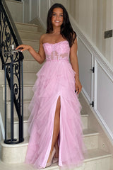 Long Corset Prom Dress in Blush with Strapless A-Line Tulle Tiered Design and Appliques