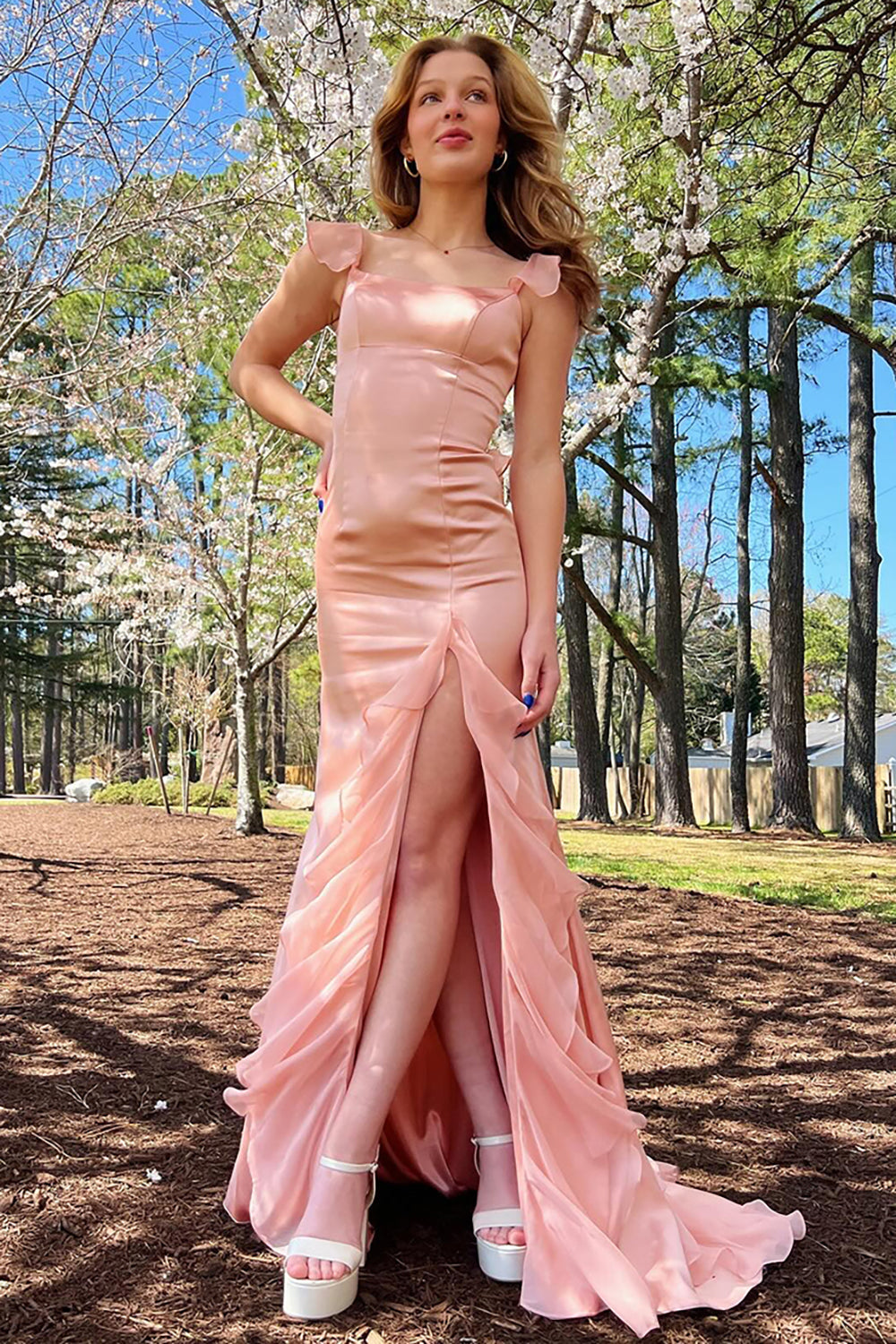 Long Chiffon Mermaid Prom Dress with Blush Spaghetti Straps and Ruffles