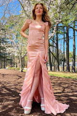 Long Chiffon Mermaid Prom Dress with Blush Spaghetti Straps and Ruffles