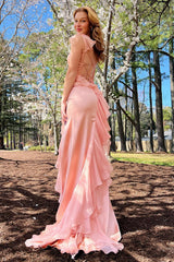 Long Chiffon Mermaid Prom Dress with Blush Spaghetti Straps and Ruffles