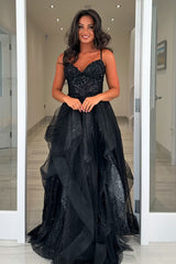 Black Sparkling A-Line Corset Prom Dress with Sequins and Spaghetti Straps