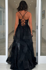 Black Sparkling A-Line Corset Prom Dress with Sequins and Spaghetti Straps