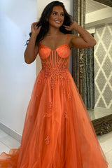 Long A-Line Corset Prom Dress in Orange with Tulle and Spaghetti Straps Featuring Appliques