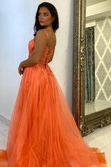 Long A-Line Corset Prom Dress in Orange with Tulle and Spaghetti Straps Featuring Appliques