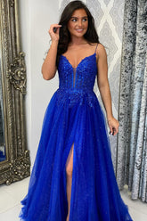 Long Corset Prom Dress with Royal Blue Spaghetti Straps and A-Line Tulle Sequins