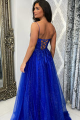 Long Corset Prom Dress with Royal Blue Spaghetti Straps and A-Line Tulle Sequins