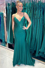 Long Mermaid Prom Dress with Dark Green Glitter and Beaded Spaghetti Straps