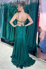 Long Mermaid Prom Dress with Dark Green Glitter and Beaded Spaghetti Straps