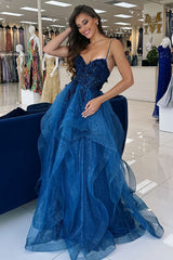 Long Corset Prom Dress in Blue with Spaghetti Straps A-Line Tulle Tiered Design and Appliques