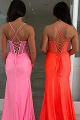 Long Satin Mermaid Prom Dress with Pink Spaghetti Straps and Beading