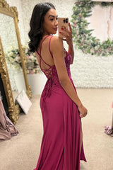 Long Mermaid Prom Dress in Fuchsia Satin with Spaghetti Straps and Appliques