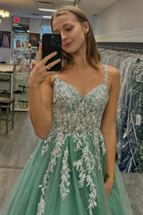 Long A-Line Corset Prom Dress in Sage Green with Spaghetti Straps and Tulle Appliques